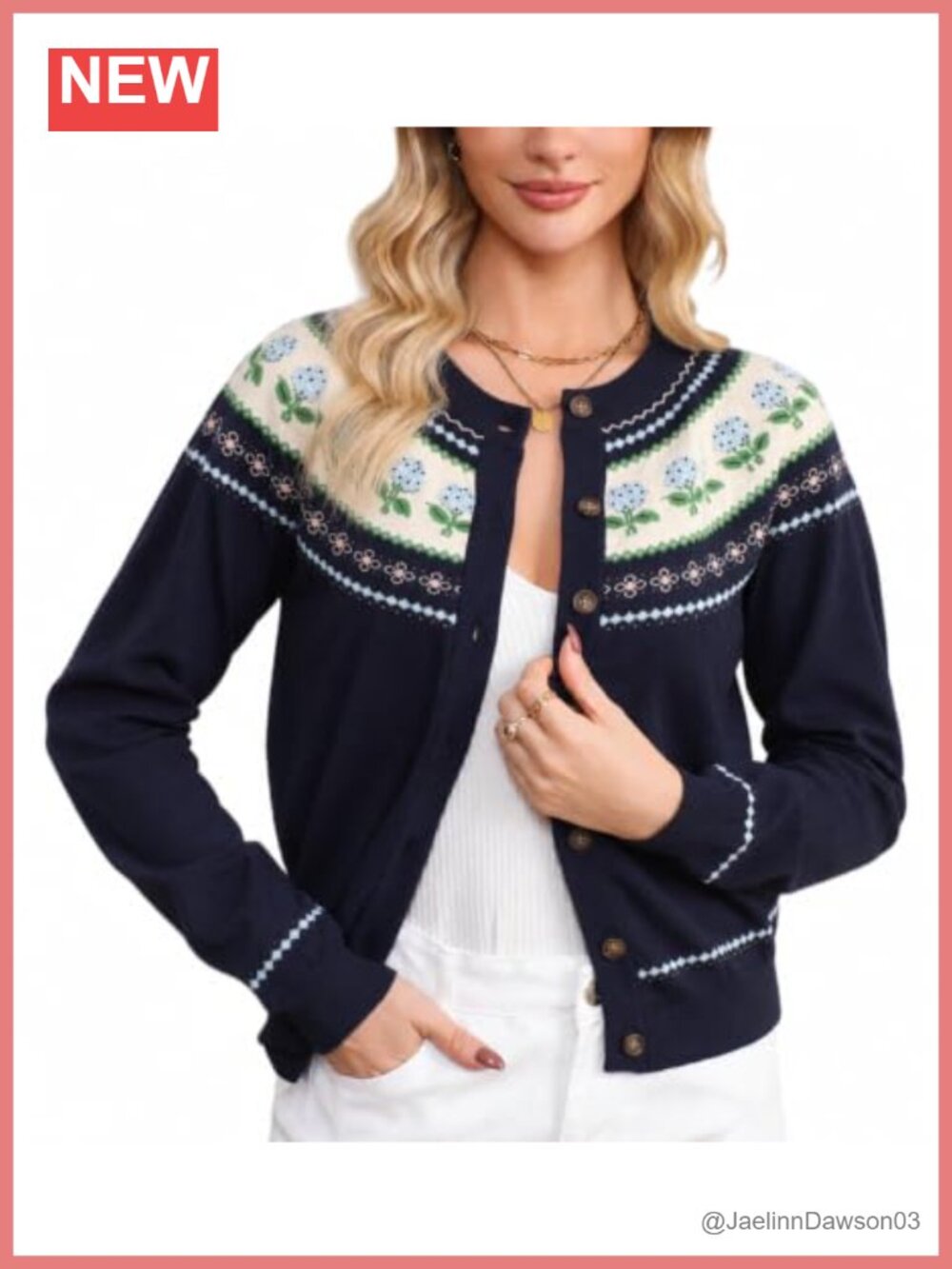 Womens Floral Cardigan Sweater Long Sleeve Crew Neck Ribbed Trim Button Down